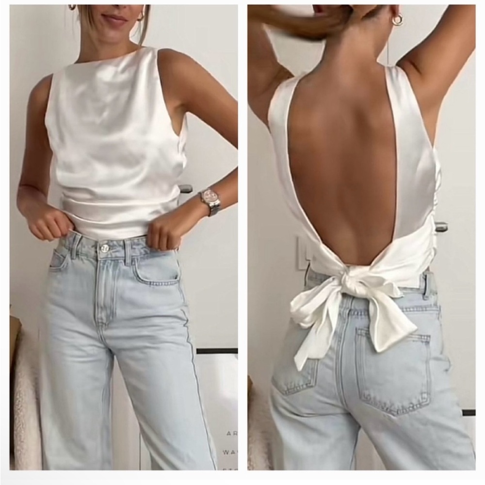 NWT Zara White Satin Effect Open Tie Back Elegant Sleeveless Top